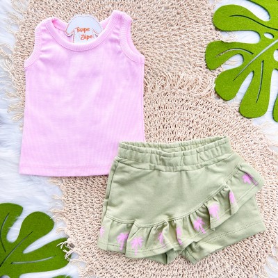 Conj. Regata Canelada e Short Saia Coqueiros - Rosa e Verde
